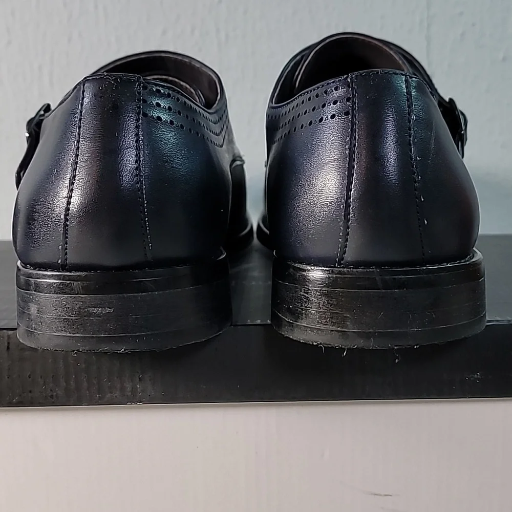 Menz GGG Double Monk Strap Men's Dress Shoes Navy Blue Pleather‎ Silver Hardware